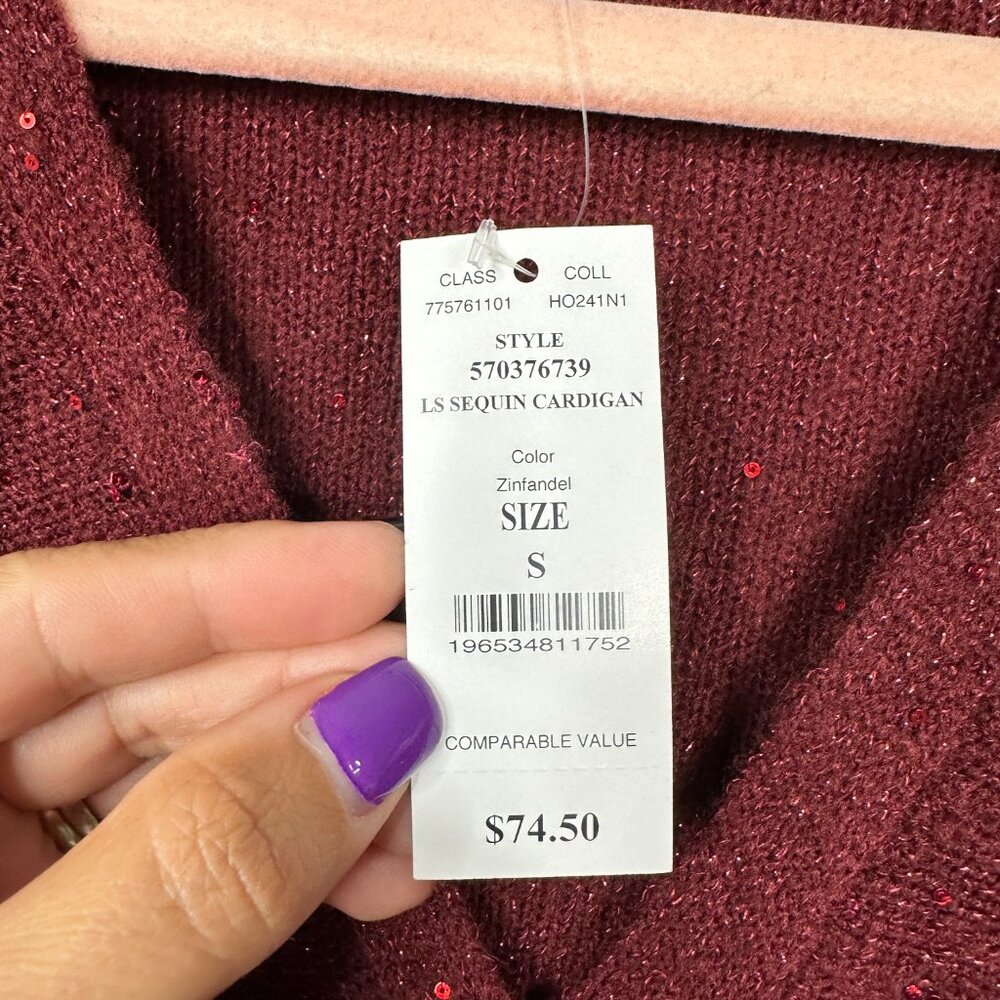 NWT White House Black Market Long Sleeve Sequin Cardigan Zinfandel Small #WHBM14 - Picture 7 of 9